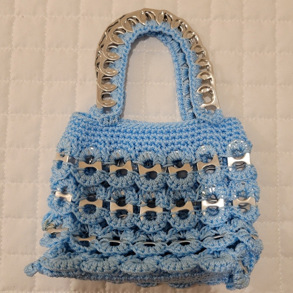 Upcycled Handmade Crochet Soda Pop Tab Mini Tote Bag Baby Blue Eco Purse Recycle